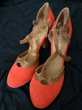 Chelsea Crew Coral Suede T-Strap Heels with Brown Leather Trim